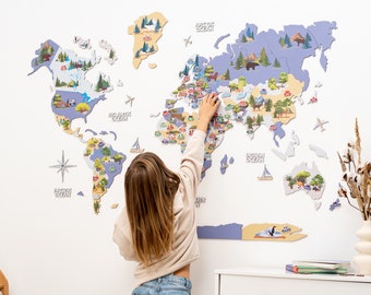 Nursery World Wall Map, Educational World Map, Wooden Kids Playroom, Kids World Map, Eco Wooden Decor, Baby Birthday Gift, Kid's World Map