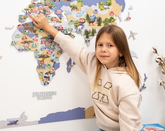 Personalized Kids World Map, Toddler Wall Decor Animal, Safari Nursery Decor, Playroom Wall Art, Travel-Themed Baby Room Decor