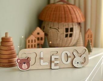 Rompecabezas de madera con nombre, regalo de primer cumpleaños para niños pequeños, decoración de guardería con temática de bosque, rompecabezas personalizado, juguetes Montessori, regalo de un año para hijo