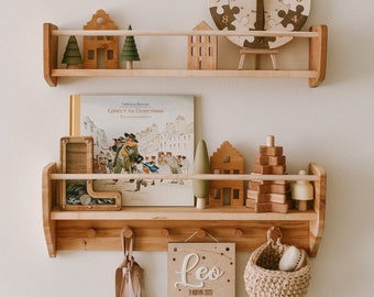 Montessori Baby & Kids Room Shelf with Hooks, Nursery Shelves, Kids Room Decor, Baby Room Decoration, Nursery Decor, Montessori Toddler