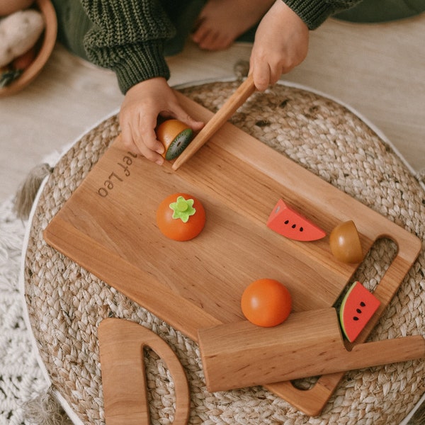 Montessori Kitchen Utensils for Kids, Wood Knife and Cutting Board, Toddler Toys, Chopper Safe Knife, Cutting Set, Birthday Gift for Kids