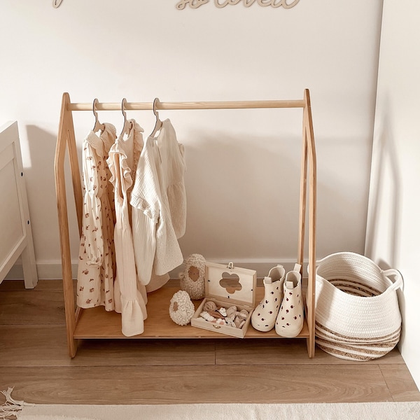 Baby Clothing Rack with Shelves, Toddler Nursery Furniture, Wooden Montessori Wardrobe, Kids Furniture, Girls or Boys Room, Children's Gift