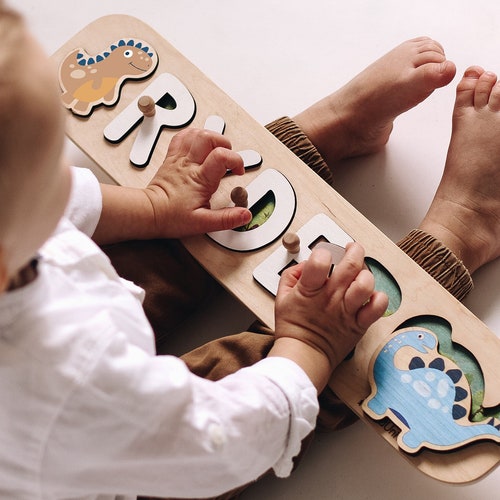 Wooden Name Puzzle Personalized Gift Baby Boy Dinosaur Puzzle Montessori Toys for Kids Toddler Gift Baby Toys 1st Birthday Gift for Baby Son