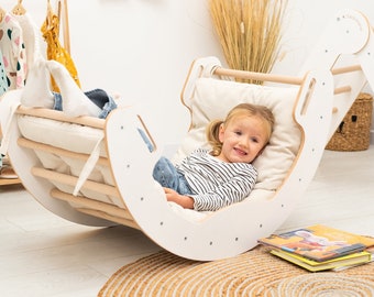 Arco de escalada Montessori con almohada, muebles Waldorf, balancín de arco de madera, área de juegos interior, juguetes de sala de juegos, regalo para niños, ChildUniverse