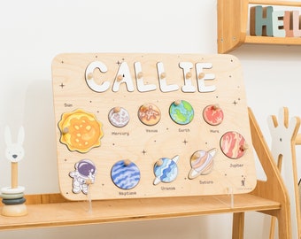 Space Nursery Theme, Baby Boy Gift, Name Puzzle Board with Planets, Personalized Baby Toy Montessori, 1st Birthday Gift for Toddler