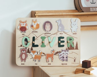 Woodland Nursery Decor, Name Puzzle, Busy Board, Forest Animals, Toddler Toys, 1st Birthday Gift for Baby, Kids Room Decor, Learning Name