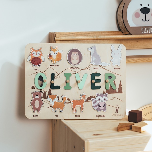 Woodland Nursery Decor, Name Puzzle, Busy Board, Forest Animals, Toddler Toys, 1st Birthday Gift for Baby, Kids Room Decor, Learning Name