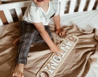 Baby Boy Name Puzzle, Wooden Toys, Personalized Gift for Toddler, 1st Birthday Gift, Woodland Nursery Decor, Baby Gifts, Montessori Toys
