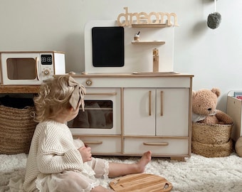 Cocina de juego de madera para niños, juguetes Montessori, regalo para niños pequeños, segundo cumpleaños para niña, decoración de sala de juegos, regalo de muebles para niños, juego de simulación