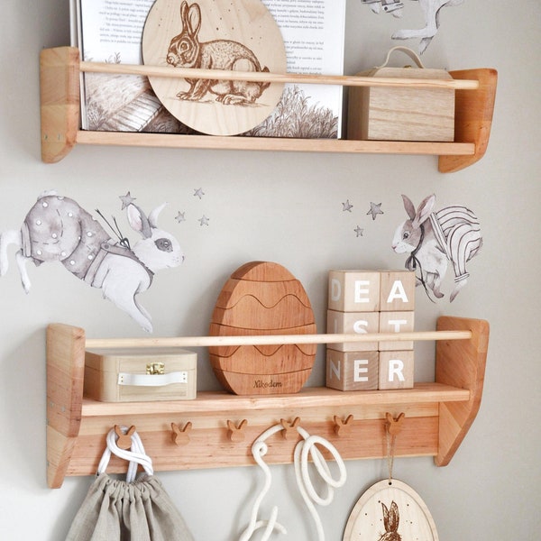 Kwekerijplanken, Kinderboekenplank Muurbevestiging, Montessori Meubilair, Kinderplank met Haken, Peuterboekenkast Kwekerij Muurkunst Babykamer Decor