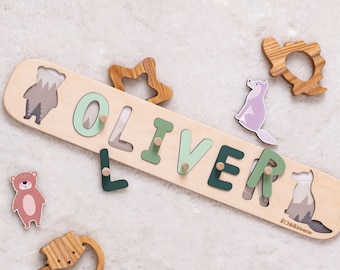 Baby Name Puzzle, Wooden Puzzle With Pegs, Personalized First Birthday Gifts for Kids, Woodland Nursery, Montessori Toys for Toddler, Child