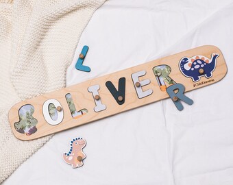 Dinosaurier Thema Kinderzimmer, Holznamenspuzzle, personalisiertes Babygeschenk für Kleinkind, personalisiertes Babygeschenk für 1