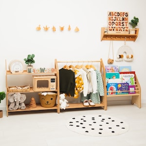 Montessori Furniture for Playroom, Wooden Toy, Book Storage Shelves for Nursery, Kids Clothing Rack, Child Open Shelves, Baby Room Decor