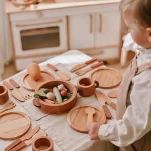 Wooden Pretend Play Kitchen Dishes Set for Kids Waldorf Preschooler Toys, Toddler Birthday Gift for 2, 3, 4, Year Old, Montessori Gift Child
