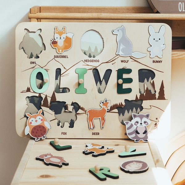 Name Puzzle Board, Forest Animal Puzzle, Baby Gift Personalized, Toddler Toys 1, 2, 3 Year Old, Birthday Gift for Kids, Woodland Nursery