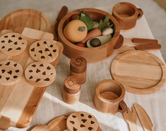 Kleinkind Mädchen Geschenk, Rollenspiel Teller Set, Holz Baby Küche Geschirr für Kinder, Montessori Spielzeug, 3. Geburtstagsgeschenk für Kind, Waldorf Spielzeug