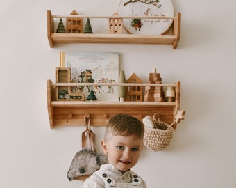 Nursery Shelves with Hooks, Kids Wall Bookshelf, Boy Nursery Decor, Baby Bookcase, Montessori Furniture, Nursery Shelves, Playroom Storage