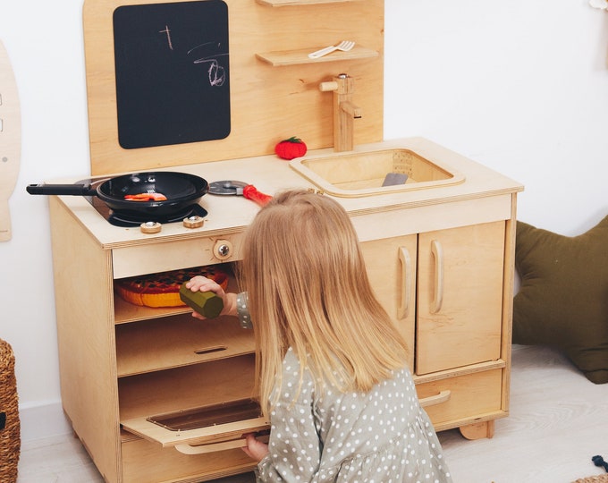 Wooden Baby Kitchen, Wood Montessori Furniture Toddler, Pretend Play Kitchen, Wooden Kitchen for Kids,  Birthday Gift for Girl