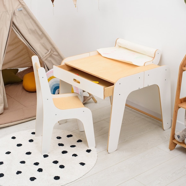 Tavolo per bambini con cassetto e portarotolo, tavolo in legno con sedia Set sedia da scrivania Montessori per bambini piccoli, neonati, mobili per bambini in età prescolare Sala giochi