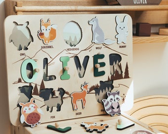 Name Puzzle for Toddler, Baby Boy 1st Birthday Gift, Woodland Animals Nursery, Kids Name Puzzle 2nd, 3rd Birthday Gift, Wood Montessori Toys