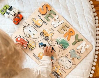 Puzzle Montessori, Puzzle z nazwami samochodów, Spersonalizowany prezent dla malucha, Aktywność sensoryczna, Drewniane zabawki dla niemowląt, Prezent na 1. i 2. urodziny dziecka