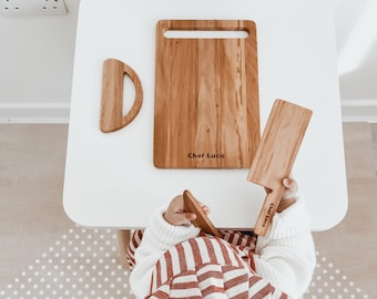 Planche à découper et couteau en bois sûr pour enfants, cadeaux pour petits chefs, jeu de découpe personnalisé pour tout-petit, jouet Montessori, planche à découper pour enfant