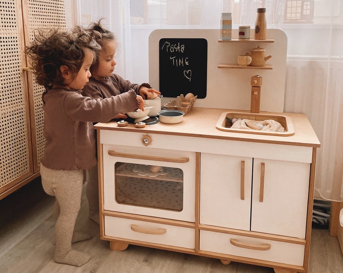 Toddler Play Kitchen, Kids Pretend Play Montessori Furniture, Wooden Child Kitchen, 3rd 4th Birthday Gift for Girl, Daughter, Playroom Decor