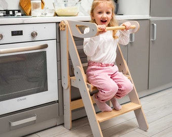 Toddler High Chair,  Folding Helper Tower, Montessori Kitchen Tower, Learning Step Stool, Transformable Kitchen Tower, Kitchen Tower