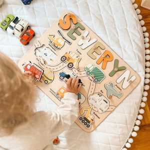 モンテッソーリ パズル ボード、車の名前パズル、パーソナライズされた幼児向けギフト、感覚活動、木製おもちゃ ベビー、1 歳 2 歳の誕生日プレゼント