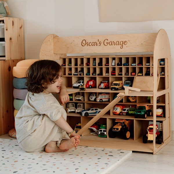 Garaje de madera para coches de juguete, almacenamiento de coches, juego para niños, garaje para vehículos, organizador de coches, regalo para niños, juego de garaje para minicoches, soporte para coches de juguete