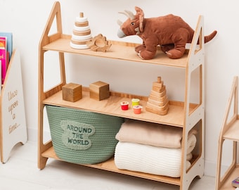 Wood Open Shelf for Toddler, Playroom Furniture, Birthday Gift for Kids, Scandinavian Nursery Room Decor, Toy Shelf Storage
