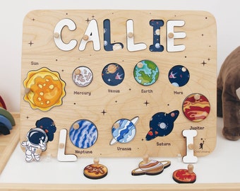 Birthday Gifts for Kids, Wooden Name Puzzle, Toddler Boy Gift, Solar System Puzzle Board, Montessori Toys, Boys Nursery Decor, Baby Puzzle