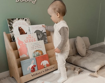 Moderne Montessori-Möbel, Montessori-Bücherregal aus Holz, personalisiertes Bücherregal für Kinderzimmer, Baby-Bücherregal Spielzimmer, Holz-Bücherregal