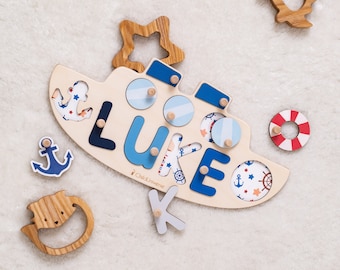 Wooden Name Puzzle with Pegs, Boat Theme, Gifts for Kids,  1 Year Old Gift, Baby Gift Personalized with a Boat Design, Gift for Baby Boy