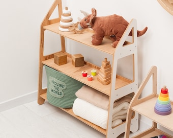 Wood Open Shelf for Toddler, Playroom Furniture, Birthday Gift for Kids, Scandinavian Nursery Room Decor, Toy Shelf Storage