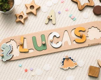 Dinosaur Nursery, Baby Name Puzzle, Wooden Montessori Toys for Toddlers, 1st Birthday Baby Boy Gift, Baby Shower Gift, Personalized Gifts