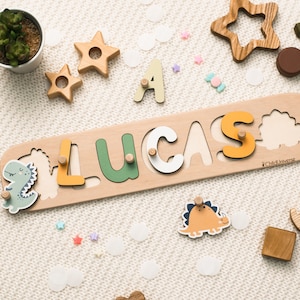 Dinosaur Nursery, Baby Name Puzzle, Wooden Montessori Toys for Toddlers, 1st Birthday Baby Boy Gift, Baby Shower Gift, Personalized Gifts
