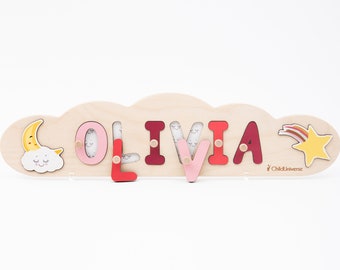 Baby Name Puzzle, Baby Girl Gift, Wooden Toys, Cloud Nursery Decor, 1st Birthday Gift for Toddler Girl, Montessori Toys by ChildUniverse