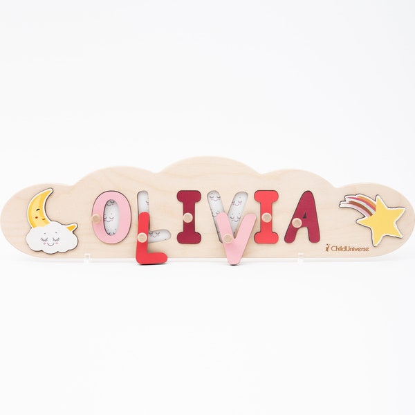 Baby Name Puzzle, Baby Girl Gift, Wooden Toys, Cloud Nursery Decor, 1st Birthday Gift for Toddler Girl, Montessori Toys by ChildUniverse
