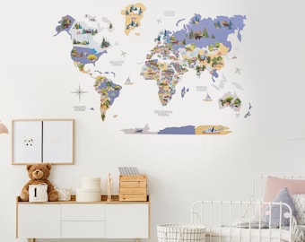 Large Wall Map, Educational World Map for Kids,  Interactive Map of the World, Nursery Wall Art, Preschool Activity, Nursery Wall Decor