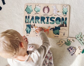 Personalized Baby Gifts | Montessori Toys | Baby Name Puzzle | Name Board with Peg | Woodland Animals | First Birthday Gift | Baby Name Gift