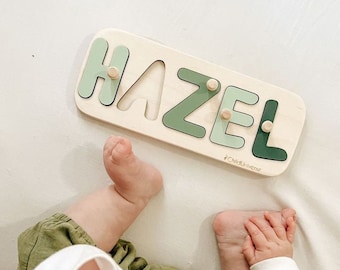 Baby Namen Puzzle, personalisiertes Geschenk für Baby Jungen, Holzspielzeug für Kleinkind, Montessori Puzzle mit Zapfen, 1