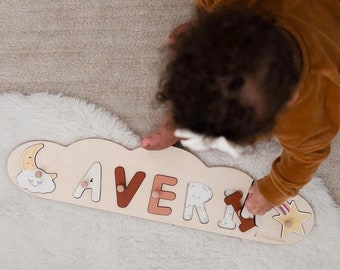 Baby Name Puzzle, Baby Girl Gift, Wooden Toys, Cloud Nursery Decor, 1st Birthday Gift for Toddler Girl, Montessori Toys by ChildUniverse