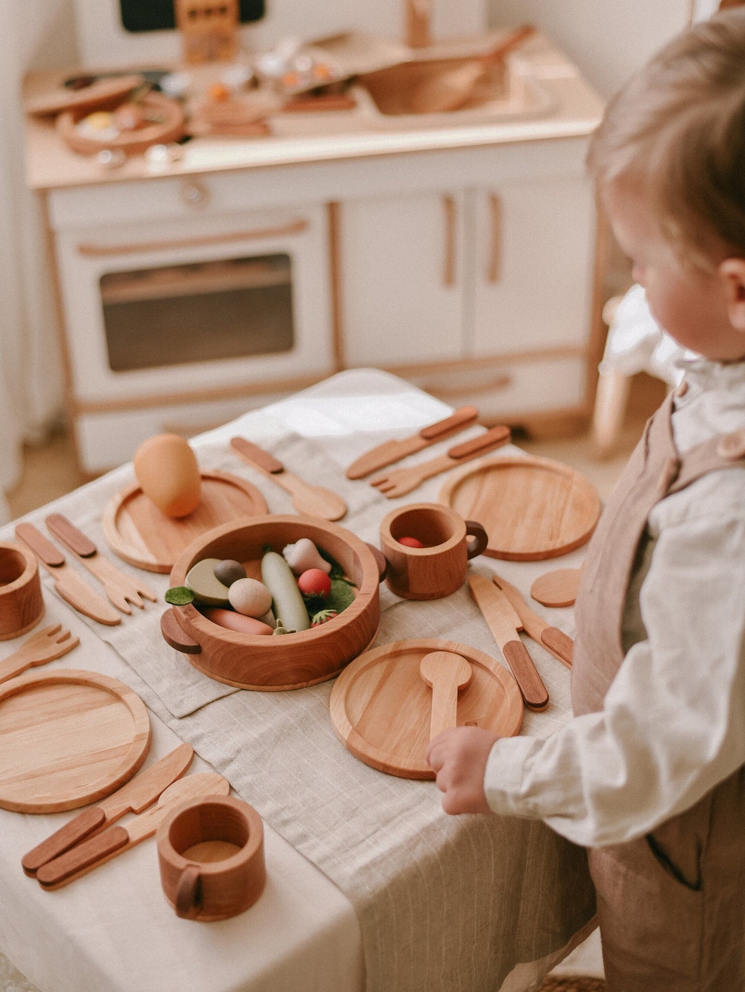 Wooden Pretend Play Kitchen Dishes Set for Kids Waldorf Preschooler