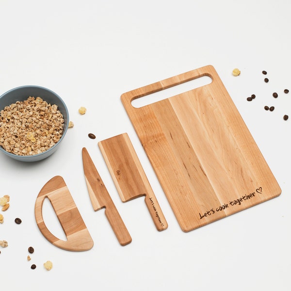 Cooking Set for Kids, Wooden Cutting Board and Safe Knife for Kids, Personalized Gift for Kid, Montessori Toys Birthday Gift for Son Toddler