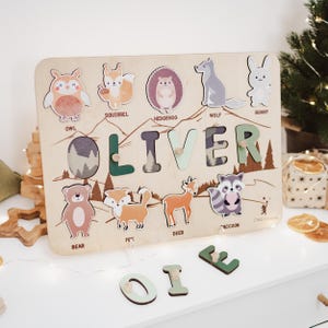 Woodland Theme, Name Puzzle Board, Birthday Gift for Baby Girl and Boy, Baby Gift Personalized, Gift for Kids, Puzzle With Forest Animals