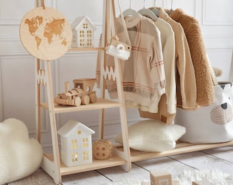 Montessori Wardrobe Kids Clothing Rack Wood Clothing Frame Rack Dress Up Display Kids Wardrobe Baby Clothes Storage Child Size Furniture Etsy