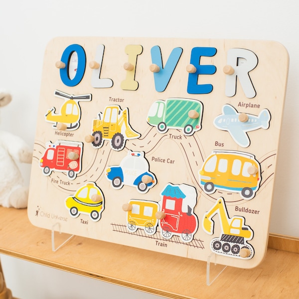 Druk bord 1 jaar oud, houten speelgoed met transport voor babyjongen, Montessori puzzelbord, auto's thema kinderdagverblijf, 1e verjaardagscadeau voor kinderen