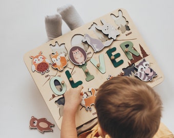 Name Puzzle with Woodland Animals, Personalized Wood Puzzle Board, Montessori Gift for Toddler, Kids, 1st Birthday Gift Baby Boy, Baby Girl