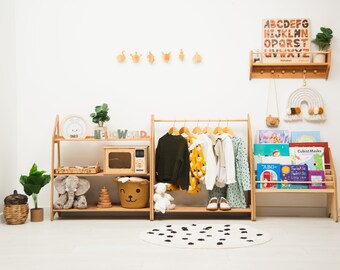 Set di mobili Montessori: libreria per bambini, scaffale per giocattoli e appendiabiti, libro, contenitore per giocattoli, arredamento per la camera dei bambini, mensole per camerette per bambini